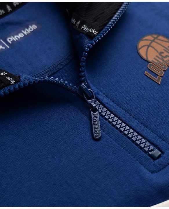 Pine Kids 100% Cotton Knit Full Sleeves Limoges Sweatshirt with Front Zipper and Basketball Patch in Navy Blue
