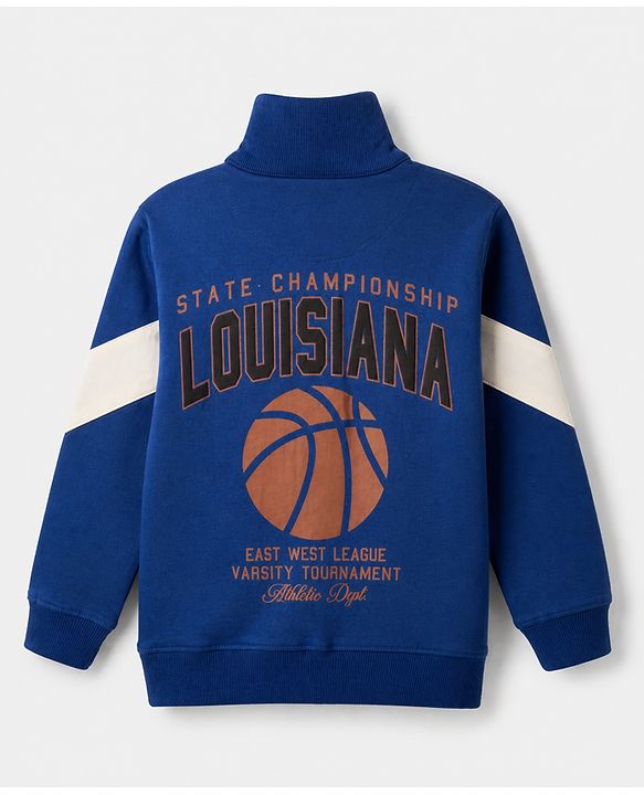 Pine Kids 100% Cotton Knit Full Sleeves Limoges Sweatshirt with Front Zipper and Basketball Patch in Navy Blue
