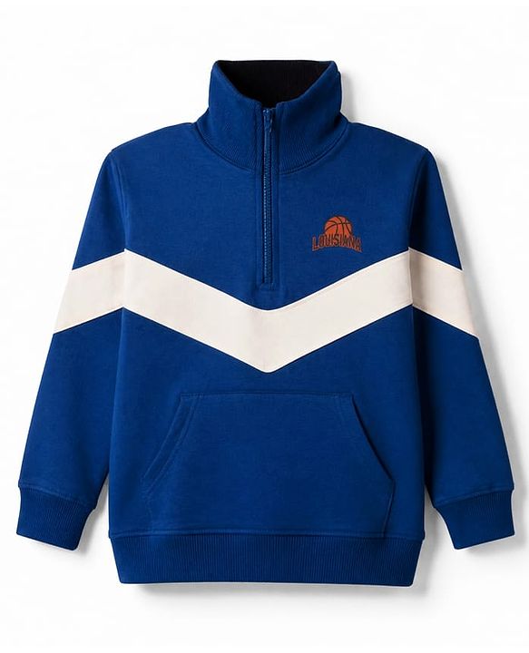 Pine Kids 100% Cotton Knit Full Sleeves Limoges Sweatshirt with Front Zipper and Basketball Patch in Navy Blue