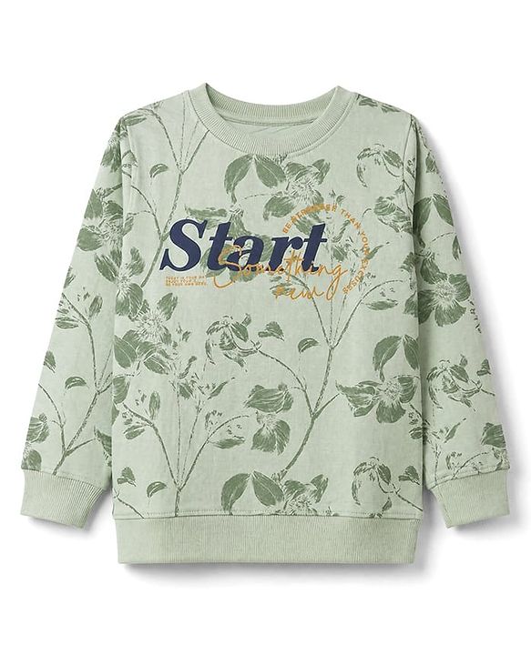 Pine Kids 100% Cotton Knit Sweatshirt with Full Sleeves and Start Something Print in Green for 4-5 Years