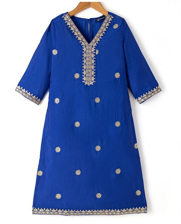 Pine Kids Woven Kurti and Churidar Set with Dupatta with Three Fourth Sleeves and Floral Motifs Embroidery in Royal Blue