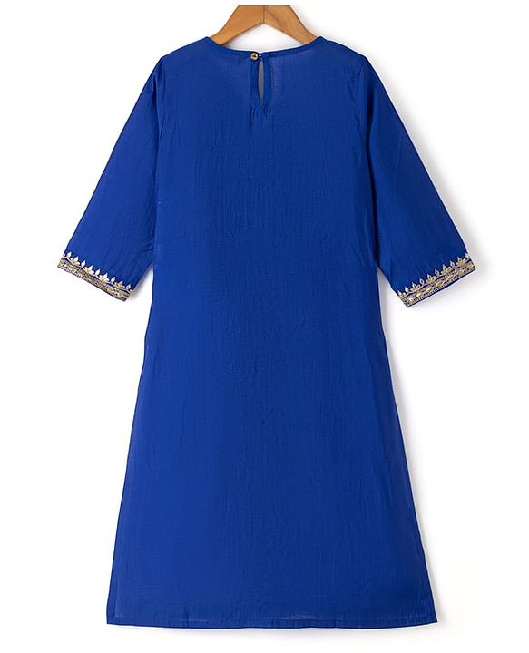 Pine Kids Woven Kurti and Churidar Set with Dupatta with Three Fourth Sleeves and Floral Motifs Embroidery in Royal Blue