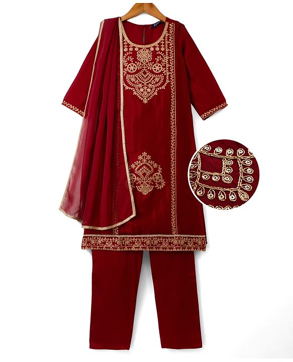 Pine Kids Woven 3/4th Sleeves Kurti & Churidar and Dupatta Set With Floral Motif Embroidery in Maroon