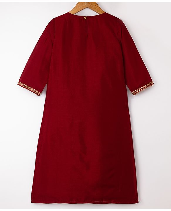 Pine Kids Woven 3/4th Sleeves Kurti & Churidar and Dupatta Set With Floral Motif Embroidery in Maroon