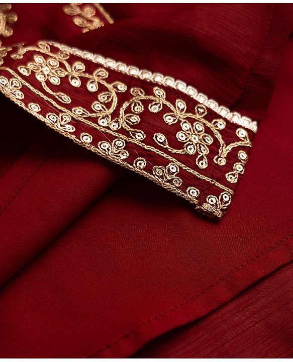 Pine Kids Woven 3/4th Sleeves Kurti & Churidar and Dupatta Set With Floral Motif Embroidery in Maroon