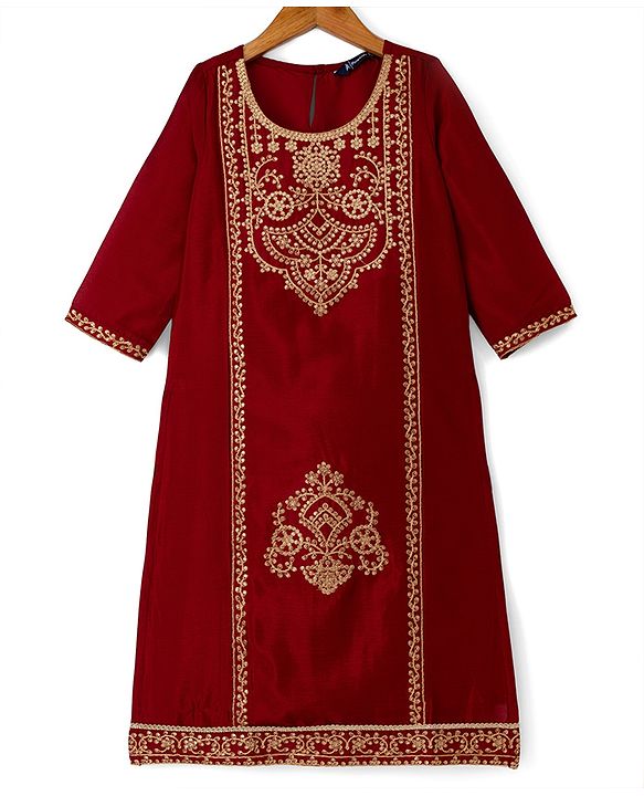 Pine Kids Woven 3/4th Sleeves Kurti & Churidar and Dupatta Set With Floral Motif Embroidery in Maroon
