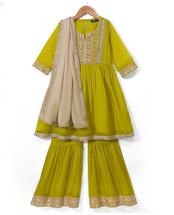 Pine Kids Woven Kurti and Gharara Set with Three Fourth Sleeves and Embroidery in Olive Green