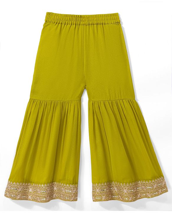 Pine Kids Woven Kurti and Gharara Set with Three Fourth Sleeves and Embroidery in Olive Green
