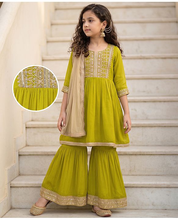 Pine Kids Woven Kurti and Gharara Set with Three Fourth Sleeves and Embroidery in Olive Green