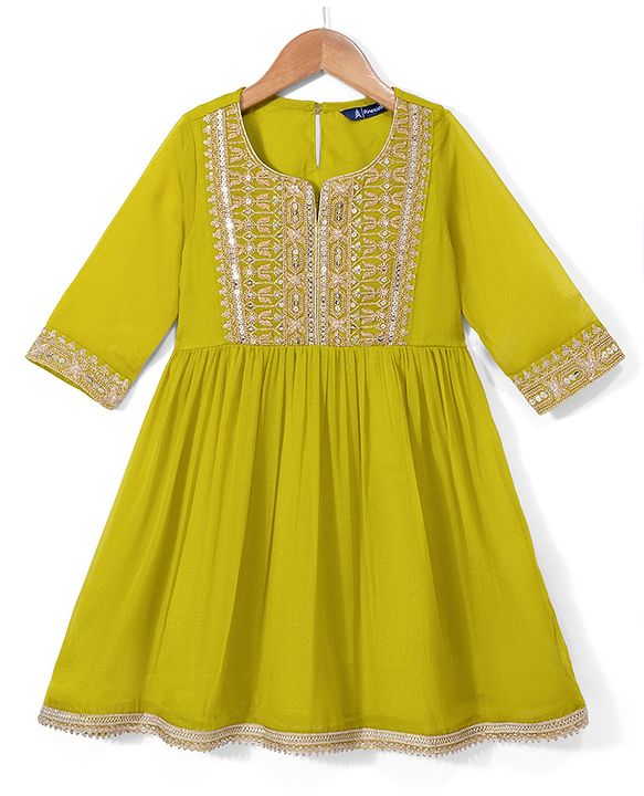 Pine Kids Woven Kurti and Gharara Set with Three Fourth Sleeves and Embroidery in Olive Green