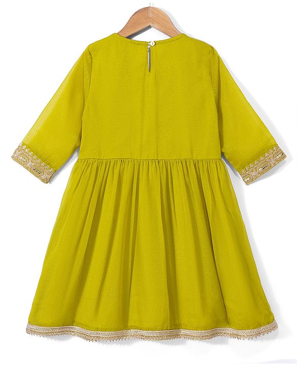 Pine Kids Woven Kurti and Gharara Set with Three Fourth Sleeves and Embroidery in Olive Green