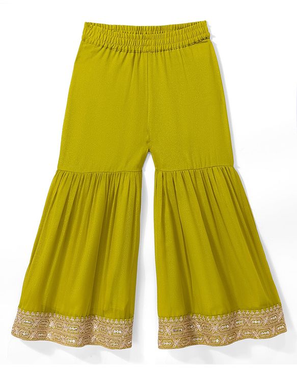 Pine Kids Woven Kurti and Gharara Set with Three Fourth Sleeves and Embroidery in Olive Green