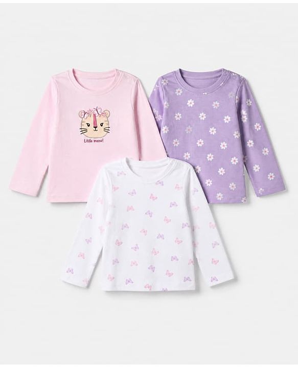 Babyhug 100% Cotton Interlock Knit Full Sleeves T-Shirts With Flower & Butterfly Print Pack Of 3 - Purple White & Pink