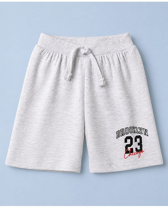 Babyhug 100% Cotton Single Jersey Knit Mid Thigh Shorts with Draw Cord and Brooklyn 23 Print in Grey