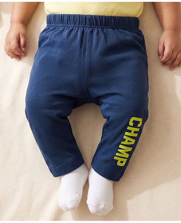 Babyhug Single Jersey Knit Full Length Jeggings with Champ Print in Blue