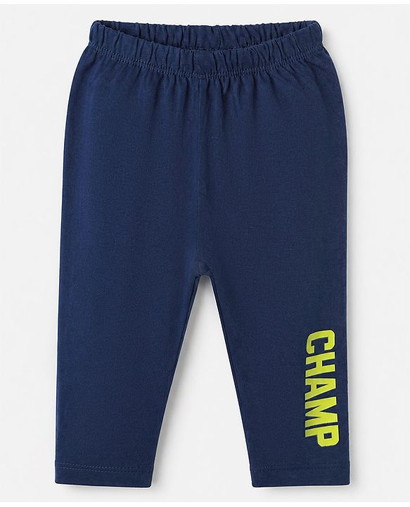 Babyhug Single Jersey Knit Full Length Jeggings with Champ Print in Blue