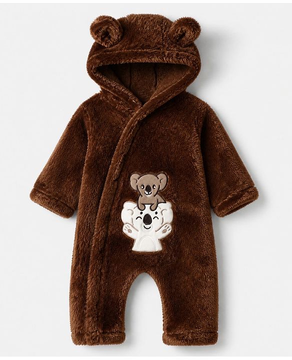 Babyhug Fur Knit Winter Romper with Full Sleeves and Koala Patch & Applique - Brown
