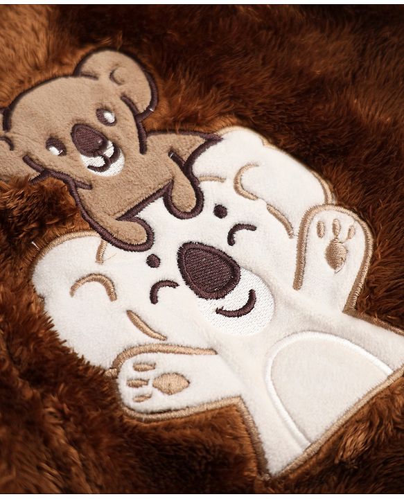 Babyhug Fur Knit Winter Romper with Full Sleeves and Koala Patch & Applique - Brown