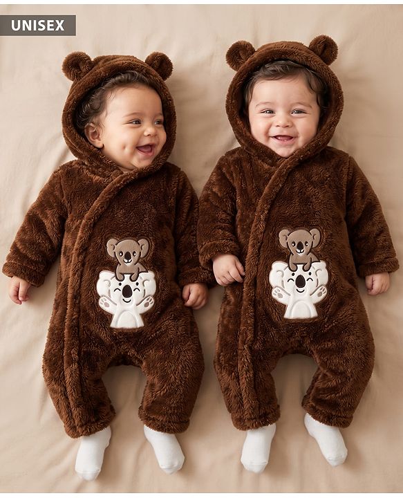 Babyhug Fur Knit Winter Romper with Full Sleeves and Koala Patch & Applique - Brown