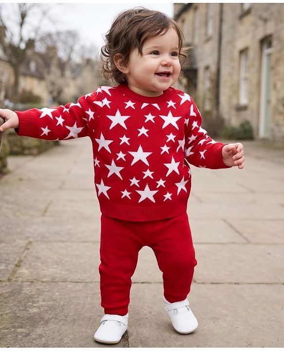 Babyhug Knit Full Sleeves Sweater Set with Star Design - Red