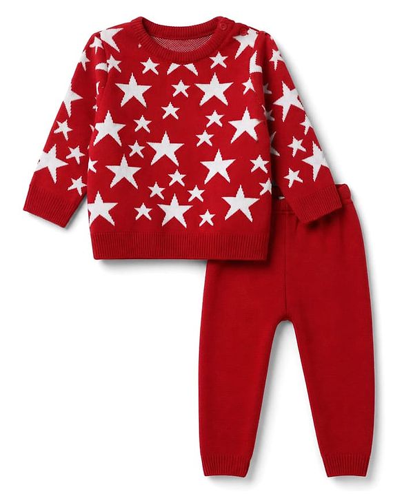 Babyhug Knit Full Sleeves Sweater Set with Star Design - Red