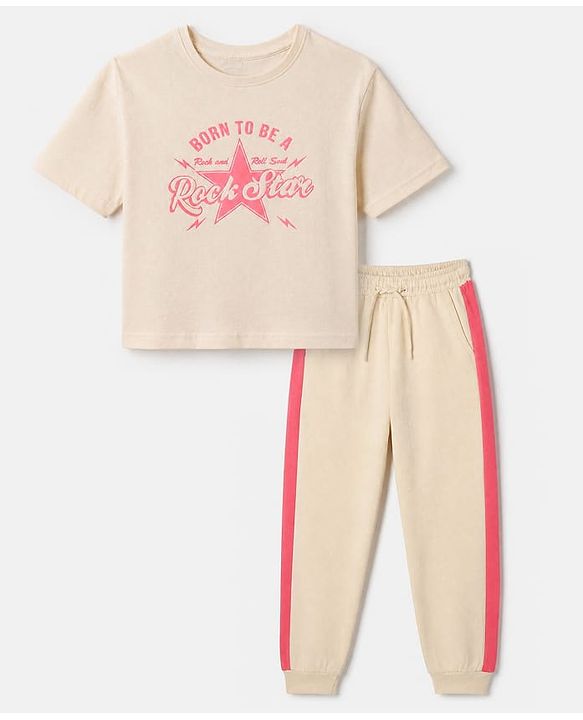 Pine Kids Cotton Blend Knit Half Sleeves T-Shirt and Jogger with Born To Be A Rock Star Print in Beige