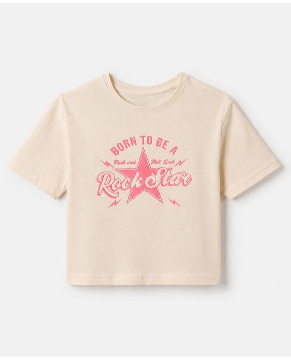 Pine Kids Cotton Blend Knit Half Sleeves T-Shirt and Jogger with Born To Be A Rock Star Print in Beige