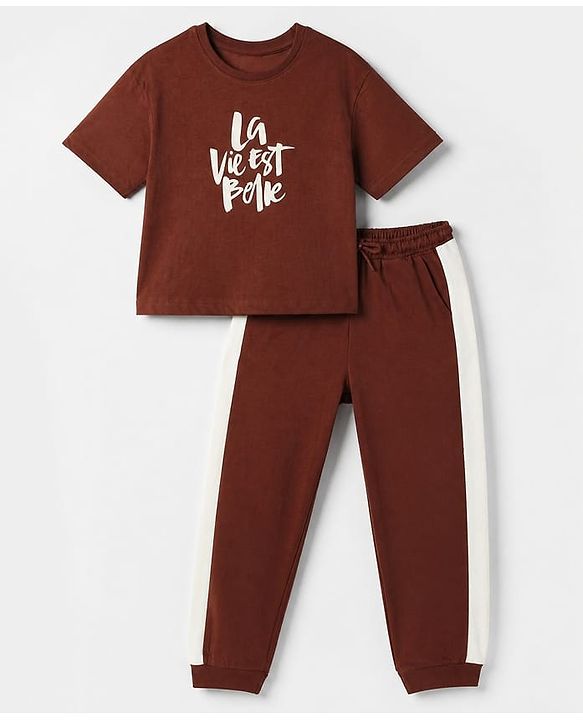 Pine Kids Cotton Blend Knit Half Sleeves T-Shirt and Jogger with Typography Print in Brown
