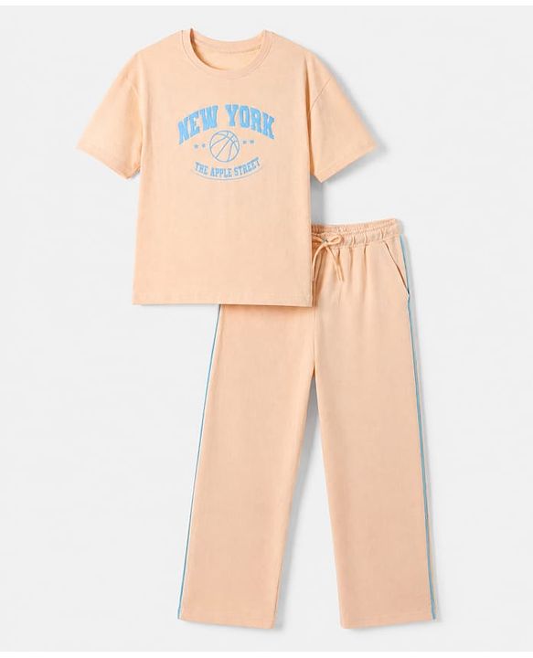Pine Kids Cotton Blend Looper Knit Half Sleeves T-Shirt and Jogger with New York Basketball Print in Peach