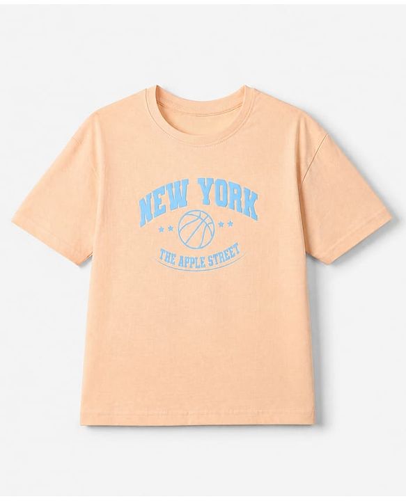 Pine Kids Cotton Blend Looper Knit Half Sleeves T-Shirt and Jogger with New York Basketball Print in Peach