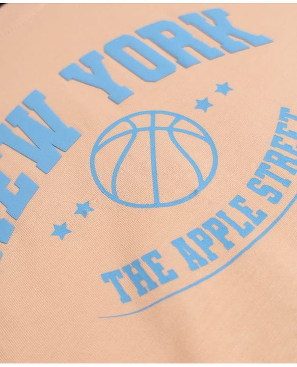 Pine Kids Cotton Blend Looper Knit Half Sleeves T-Shirt and Jogger with New York Basketball Print in Peach