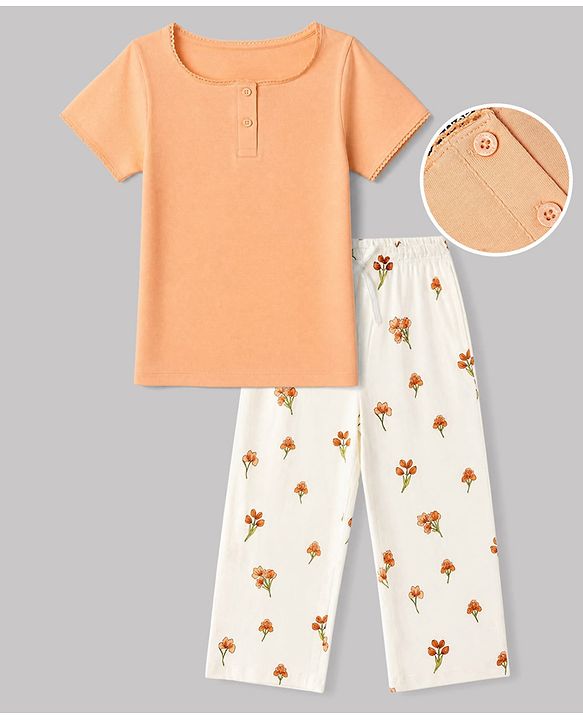 Pine Kids Cotton Knit Half Sleeves T-Shirt & Pyjama Night Suit with Floral Print - Peach
