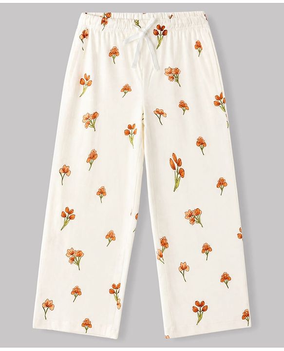 Pine Kids Cotton Knit Half Sleeves T-Shirt & Pyjama Night Suit with Floral Print - Peach