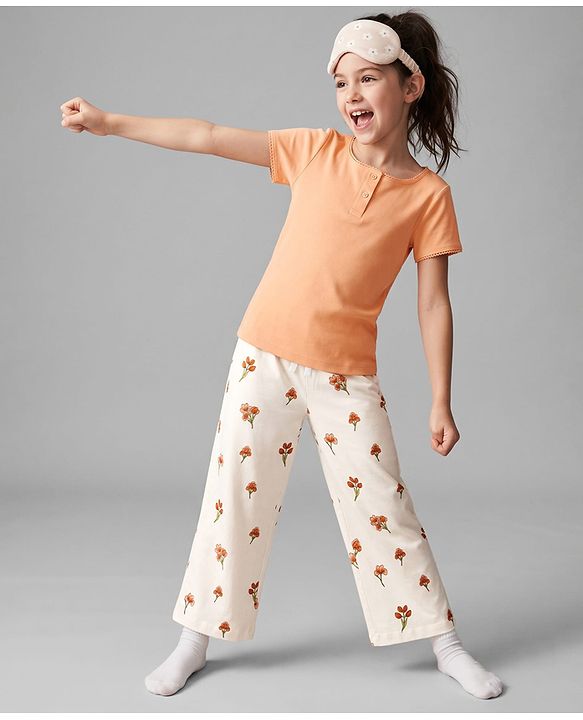 Pine Kids Cotton Knit Half Sleeves T-Shirt & Pyjama Night Suit with Floral Print - Peach