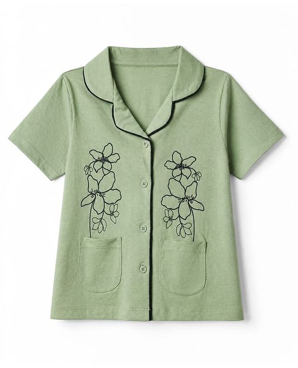 Pine Kids 100% Cotton Bio Washed Single Jersery 180 Gsm Knit Co-ord Shirt & Pajama Night Suit with Floral Print - Light Green
