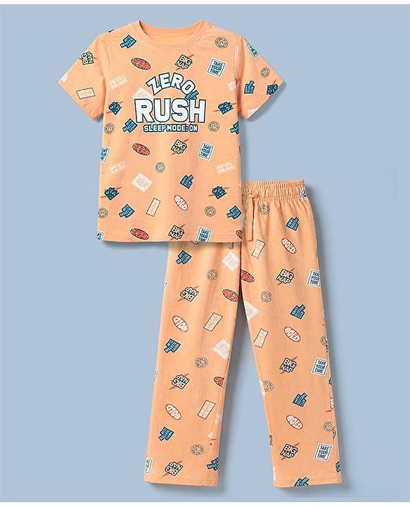 Pine Kids 100% Cotton Knit Half Sleeves Bio Washed Co Ords T Shirt Pyjama Night Suit With Text Print in Cream Blush