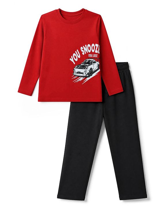 Pine Kids Cotton Knit Full Sleeves T Shirt Pyjama Nightwear Suit With Car Print - Red