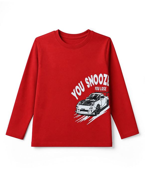 Pine Kids Cotton Knit Full Sleeves T Shirt Pyjama Nightwear Suit With Car Print - Red
