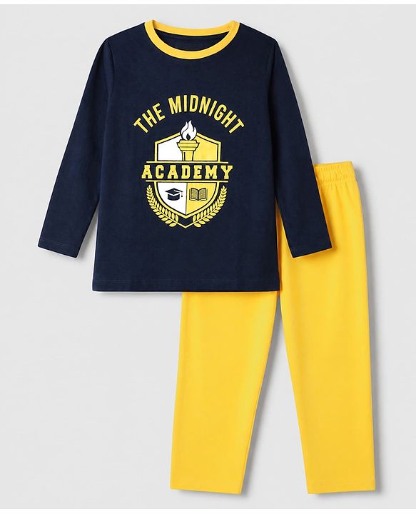 Pine Kids Cotton Knit Full Sleeves T Shirt Pyjama Nightwear Suit With Text Print - Navy Blue