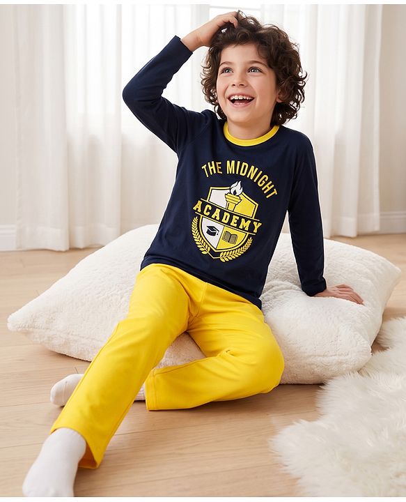 Pine Kids Cotton Knit Full Sleeves T Shirt Pyjama Nightwear Suit With Text Print - Navy Blue