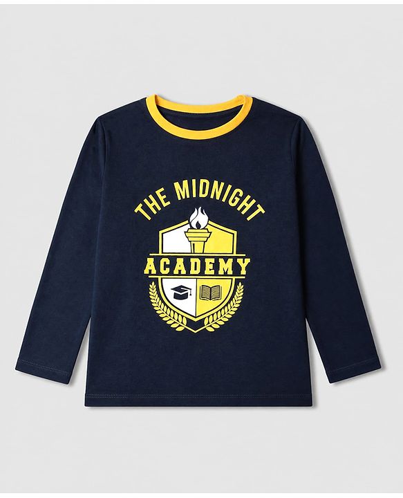Pine Kids Cotton Knit Full Sleeves T Shirt Pyjama Nightwear Suit With Text Print - Navy Blue