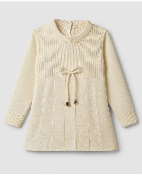 Babyhug Knit Full Sleeves Woolen Dress with Cable Knit Design - OffWhite