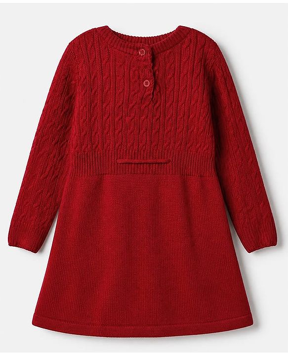 Babyhug Knit Full Sleeves Woolen Dress with Cable Knit Design - Red