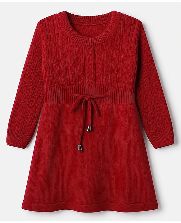 Babyhug Knit Full Sleeves Woolen Dress with Cable Knit Design - Red