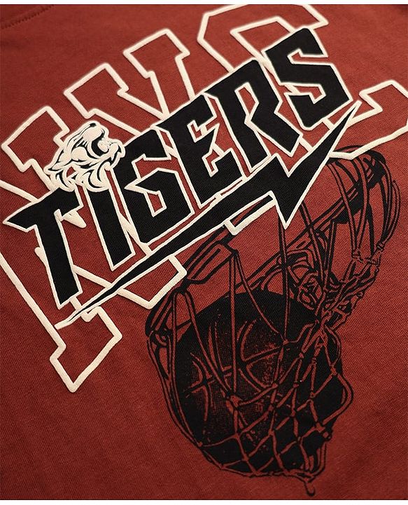 Pine Kids 100% Cotton Knit T-Shirt with Half Sleeves and Tiger Text in Brown