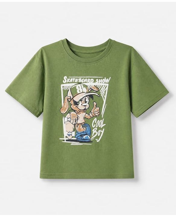 Pine Kids 100% Cotton Knit T-Shirt with Half Sleeves and Skater Dog Print in Green for 4-5 Years