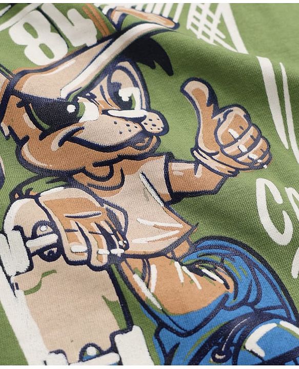 Pine Kids 100% Cotton Knit T-Shirt with Half Sleeves and Skater Dog Print in Green for 4-5 Years