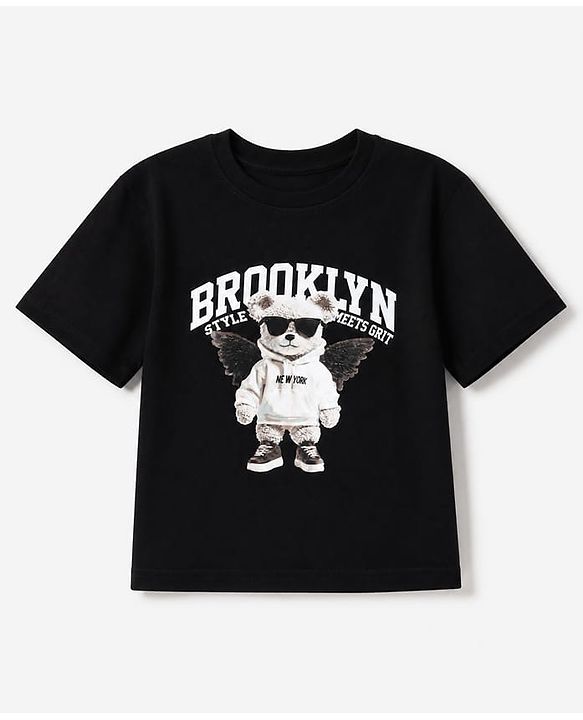 Pine Kids 100% Cotton Knit Half sleeves Tshirt With Animal Print - Black