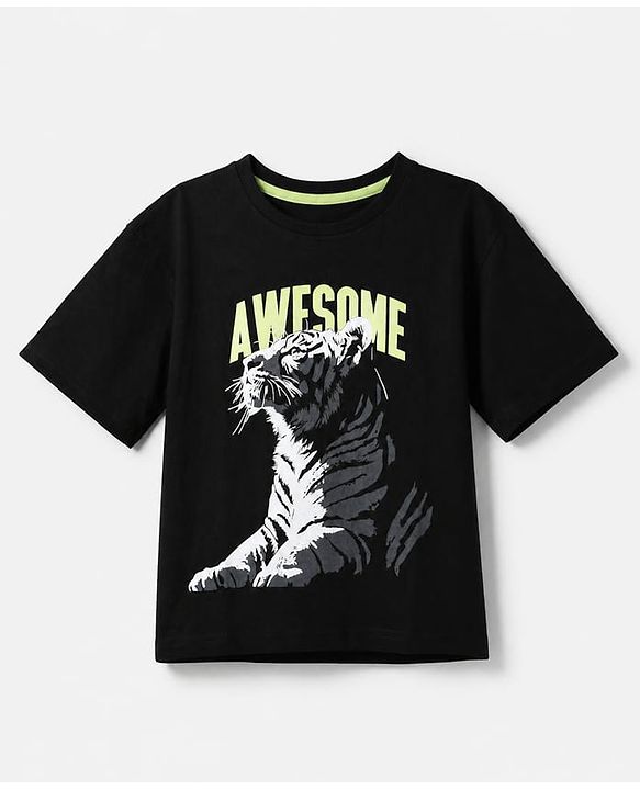 Pine Kids 100% Cotton Knit Half Sleeves Tshirt With Animal Print - Black