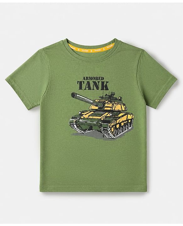 Pine Kids 100% Cotton Knit T-Shirt with Half Sleeves and Armored Tank Text & Print - Green